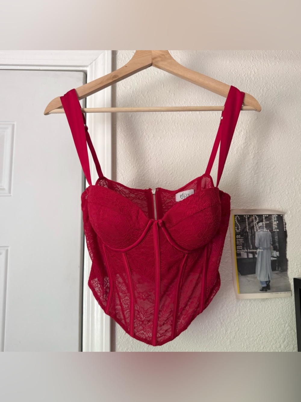 OH POLLY red mesh knit lace corset bustier boned cropped tank top